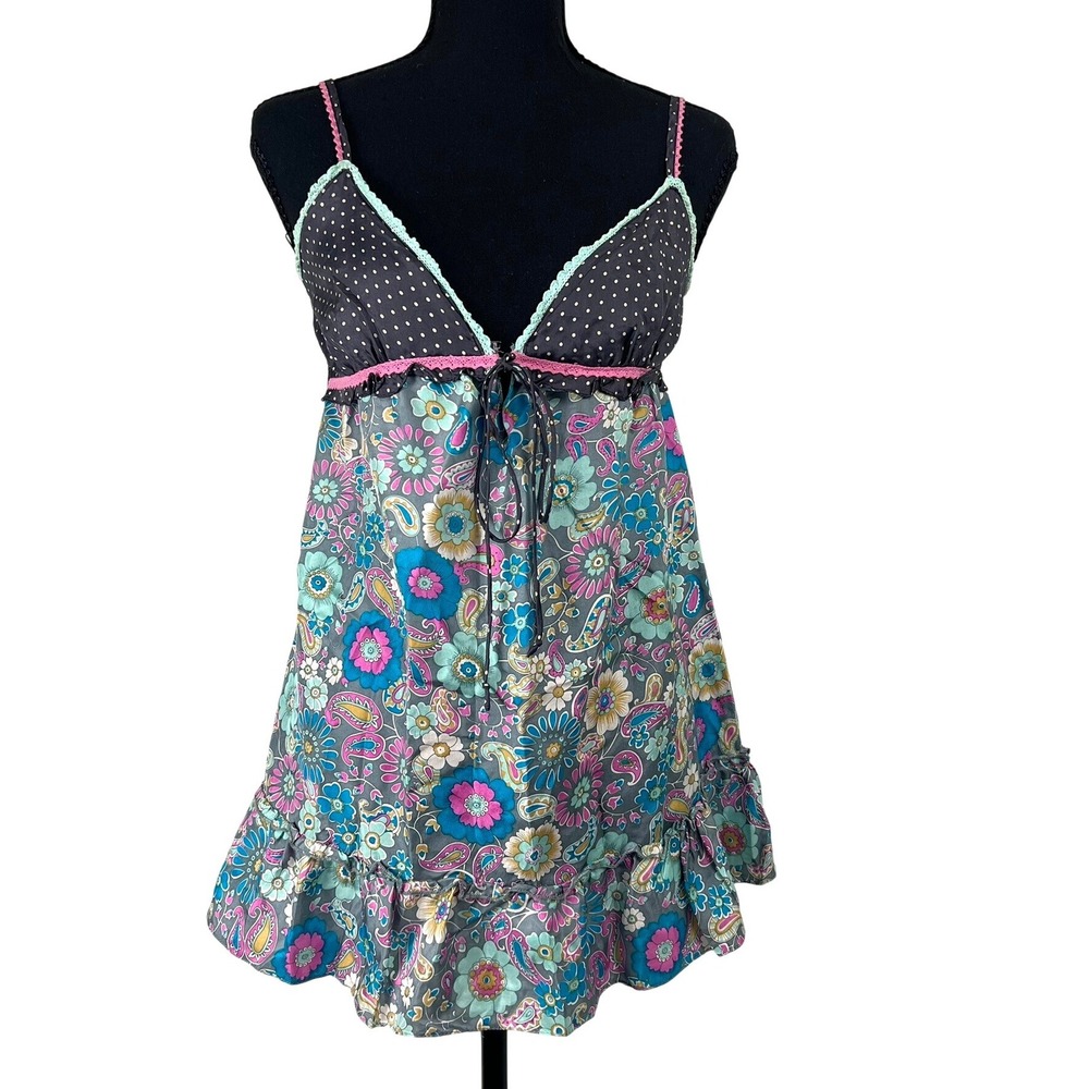 Trinity Women 100% Silk Babydoll Top S Floral Polka Dot Coquette Patchwork Indie